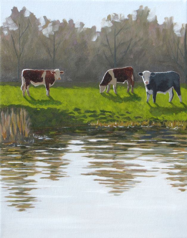 Bullocks in Outney Common, the River Waveney, oil painting on canvas